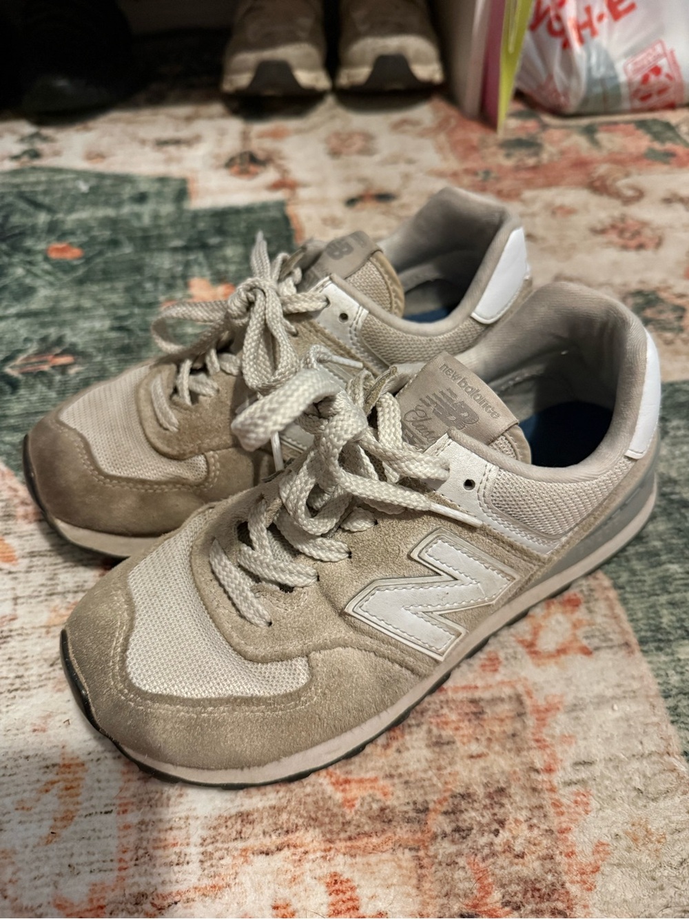 New Balance Beige and White Retro Running Sneakers